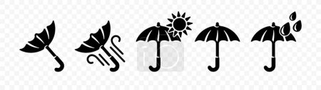 Paraguas, clima, viento y viento, sol y lluvia, diseño gráfico. El viento torció el paraguas, el clima cálido y la lluvia, el diseño de vectores y la ilustración