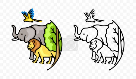 Lion, éléphant, perroquet, arbre et plante, oiseaux et animaux, graphisme. Écosystèmes, environnement, environnement, biodiversité et diversité, conception et illustration vectorielles