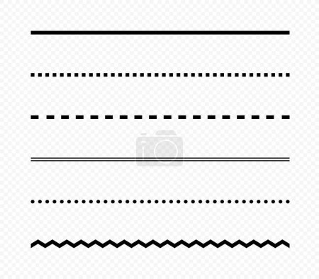 Conjunto de líneas rectas sin costuras vectoriales de diferentes estilos: puntos, guiones, puntos cuadrados, zigzag