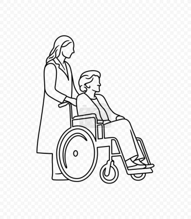 Dessin de ligne de la femme âgée en fauteuil roulant avec conception vectorielle infirmière féminine