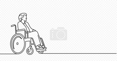 Dessin continu d'une ligne de la femme âgée dans la conception de vecteur de fauteuil roulant. Illustration d'art sur fond transparent