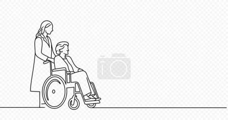 Dessin continu d'une ligne de femme âgée en fauteuil roulant avec conception vectorielle infirmière féminine. Illustration d'art sur fond transparent