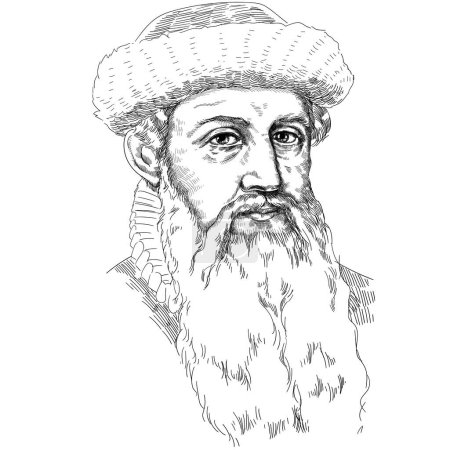 Ilustración de Johannes Gutenberg fue un inventor y artesano alemán que introdujo la impresión tipográfica en Europa con su imprenta de tipo móvil. - Imagen libre de derechos