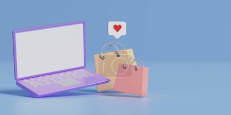 Photo for Laptop, shopping bags, like on a pastel background. - Royalty Free Image