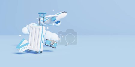 Téléchargez les photos : Suitcase, plane, camera and tickets on a pastel background. - en image libre de droit