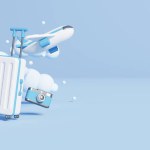 suitcase, plane, camera and tickets on a pastel background. 