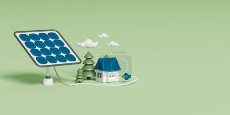 Téléchargez les photos : Image de dessin animé minimaliste d'un panneau solaire, l'énergie à partir de laquelle charge la maison. concept de sources d'énergie alternatives - en image libre de droit