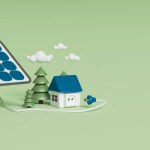 minimalistic cartoon image of a solar panel, the energy from which charges the house. concept of alternative energy sources