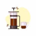 device for making coffee - french press and cup coffee, coffee drinks, coffee pot. Vector image for menu or advertising banner. Vector illustration