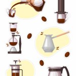illustrative edition, coffee maker - chemex, aeropress, siphon, french press, coffee cezve, v60, hario, sticker set. Vector illustration