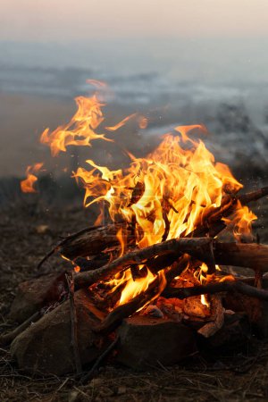 Photo for Closeup of flame and bonfire in the evening in winter time, blurred mountain on background. Campfire from branches. Camping. - Royalty Free Image