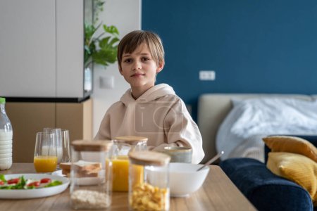 Téléchargez les photos : Portrait de garçon caucasien regardant la caméra tout en prenant un bon petit déjeuner sain avant l'école à la maison, assis à la table de la cuisine. Une routine matinale pour l'école. Nutrition et santé des enfants - en image libre de droit