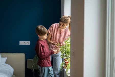 Téléchargez les photos : Jeune mère enseignant enfant fils comment prendre soin des plantes et des fleurs, maman et petit garçon debout près de la fenêtre à la maison examinant les feuilles de plante d'intérieur. Parent expliquant la photosynthèse à l'enfant - en image libre de droit