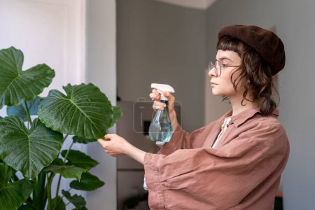 Photo for Hipster girl holding bug spray bottle spraying green leaves of Alocasia macrorrhiza houseplant, dealing with houseplant pests. Millennial woman taking care of indoor plant, enjoying indoor gardening - Royalty Free Image