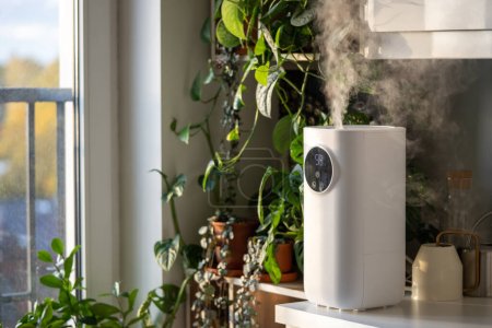 Photo for Plant care. Moder air humidifier at home, moistens dry air surrounded by houseplant, soft focus on steam. Humidification, comfortable living conditions. Diffuser, climate equipment for apartment. - Royalty Free Image