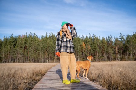 Foto de Mujer de mediana edad con perro de caza paseando en ecotropo en el bosque de otoño mirando a través de prismáticos en aves. Ornitología, concepto de observación de aves. Vacaciones de turismo en Escandinavia. - Imagen libre de derechos