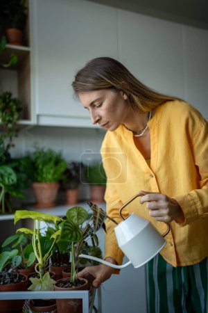 Middle-aged woman, plant lover taking care of potted houseplants at home, pouring flowers with water from metal watering can. Ecological hobby giving stress relief, mental relaxation, satisfaction