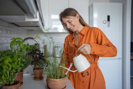 Photo for Happy woman plant lover taking care watering green dill herb in pot on kitchen at home. Blonde female gardener caring pouring houseplants with water. Gardening, planting hobby, leisure for rest relax - Royalty Free Image