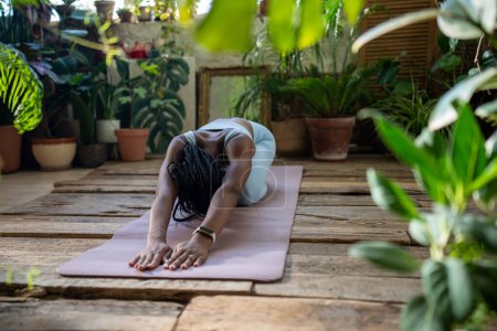 Photo for Sported african american woman relaxation muscles doing stretching exercise for back flexibility lying on fitness mat. Athletic black female do yoga around indoor plants. Healthy body, mental health. - Royalty Free Image