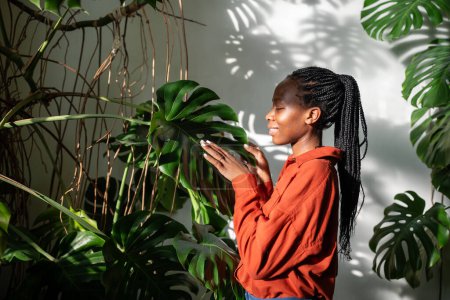 Die interessierte Pflanzenliebhaberin afrikanisch-amerikanische Frau verbringt Zeit mit Zimmerpflanzen, die Blätter von Monstera berühren, frohes Ergebnis wächst. Aufmerksame schwarze Hündin pflegt Zimmerpflanzen in sonnigem Blumenladen