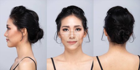 Photo for Half body face shot 20s Asian Woman has beautiful wedding clean face skin. Black long straight hair female feel happy smile fashion vintage poses over grey background isolated - Royalty Free Image