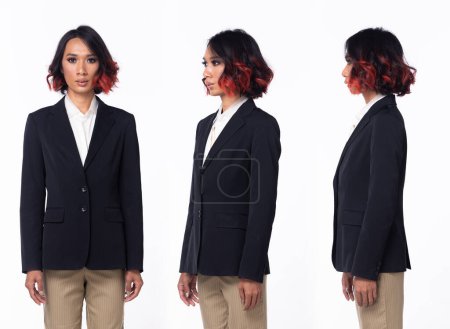 Photo for Half body 20s Asian Woman wear formal Business dress blazer high heel shoes. Black short curl hair female feel happy smile , 360 front side rear back over white background isolated - Royalty Free Image