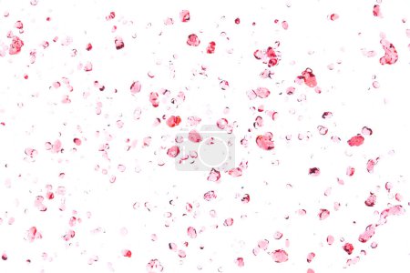 Photo for Many Dot droplet of Red juice from splash in Air. Water red tomato pour from sky and purify clean natural. Wine shape form of water splashing flow celebrate over White background Isolated. - Royalty Free Image