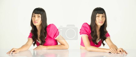 Photo for Half body 20s Asian Woman wear formal chocky Pink dress. Black long straight hair female feel happy smile fashion vintage poses emotion over white background collage isolated - Royalty Free Image