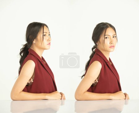 Photo for Half body 20s Asian business office Woman wear formal burgundy dress. Black long straight hair female feel happy smile fashion vintage poses emotion over white background collage isolated - Royalty Free Image