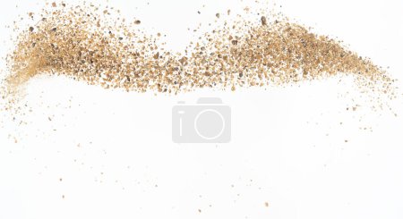 Photo for Big size Sand flying explosion, Golden grain wave explode. Abstract cloud fly. Yellow colored sand splash throwing in Air. White background Isolated high speed shutter, throwing freeze stop motion - Royalty Free Image