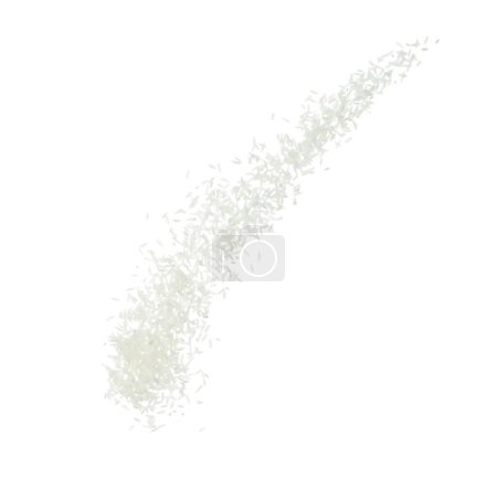 Foto de Explosión voladora de arroz japonés, los arroces de grano blanco explotan la nube abstracta vuela. Hermosa semilla completa salpicadura de arroz en el aire, diseño de objetos alimenticios. Congelación de enfoque selectivo plano fondo blanco aislado - Imagen libre de derechos