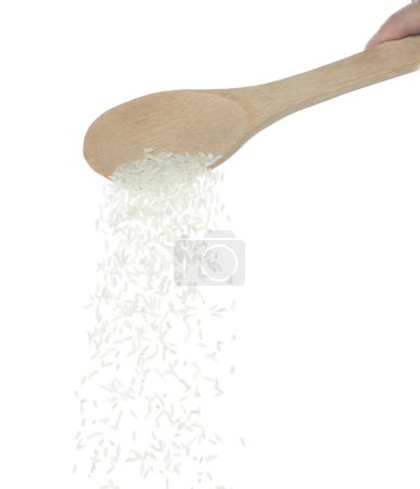 Photo for Japanese Rice fall, white grain rices pouring down abstract cloud fly from spoon. Beautiful complete seed rice in air, food object design. Selective focus freeze shot white background isolated - Royalty Free Image