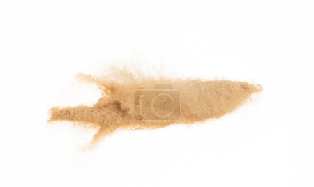 Photo for Small size fine Sand flying explosion, Golden grain wave explode. Abstract cloud fly. Yellow colored sand splash silica in Air. White background Isolated high speed shutter, throwing freeze shot - Royalty Free Image