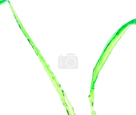 Photo for Green juice from nature splash in Air. Water green leaf pour from sky and purify clean natural. Many shape form of water splashing flow over White background Isolated. - Royalty Free Image