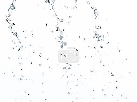 Photo for Shape form droplet of Water splashes into drop water line tube attack fluttering in air and stop motion freeze shot. Splash Water for texture graphic resource elements, White background isolated - Royalty Free Image