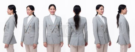 Photo for Half body 20s Asian Woman wear formal business blazer suit  dress pant shoes. Black long straight hair female feel happy smile confident, turn 360 front side rear back view, white background isolated - Royalty Free Image