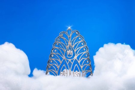 Photo for Puff Cloud Diamond Crown put on cloudscape Deep blue sky atmosphere high heaven for Miss Beauty Pageant Contest Competition, outing trip camping podium background - Royalty Free Image