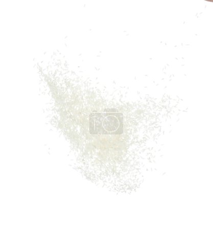 Téléchargez les photos : Le riz japonais explose, le riz blanc explose la mouche des nuages abstraite. Belle graine complète de riz éclaboussure dans l'air, conception d'objets alimentaires. Mise au point sélective gel plan fond blanc isolé - en image libre de droit