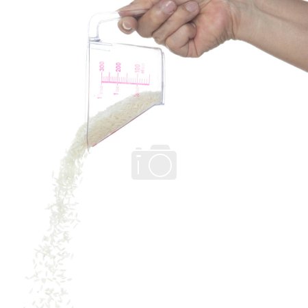 Foto de Otoño de arroz japonés, arroz de grano blanco vertiendo una nube abstracta que vuela de la taza de medición. Hermoso arroz de semilla completa en el aire, diseño de objetos alimenticios. Congelación de enfoque selectivo plano fondo blanco aislado - Imagen libre de derechos
