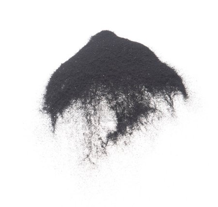 Photo for Small size black Sand flying explosion, carbon dust sands grain explode. Abstract cloud fly. Black colored sand splash throwing in Air. White background Isolated high speed shutter, throwing freeze - Royalty Free Image