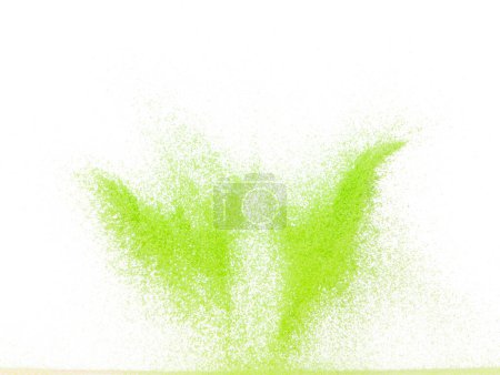 Photo for Small size green Sand flying explosion, vegetable sands grain wave explode. Abstract cloud fly. Green colored sand splash throwing in Air. White background Isolated high speed shutter, throwing freeze - Royalty Free Image