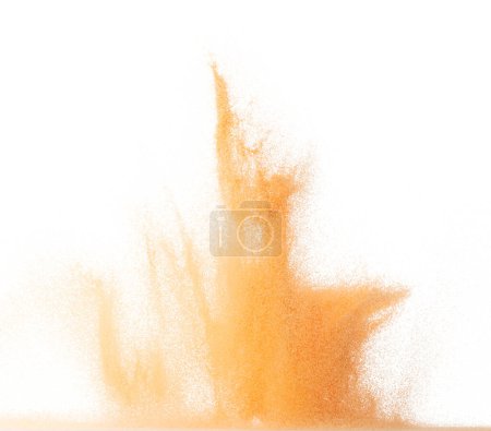 Photo for Small size orange Sand flying explosion, fruit sands grain wave explode. Abstract cloud fly. Orange colored sand splash throwing in Air. White background Isolated high speed shutter, throwing freeze - Royalty Free Image