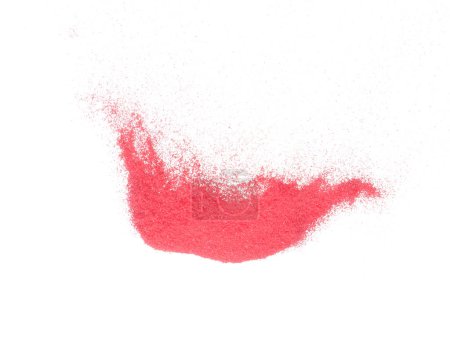 Photo for Small size red Sand flying explosion, blood sands grain wave explode. Abstract cloud fly. Red colored sand splash throwing in Air. White background Isolated high speed shutter, throwing freeze stop - Royalty Free Image