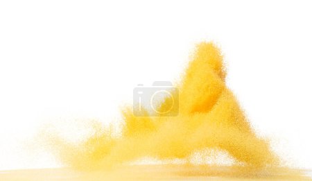 Photo for Small size yellow Sand flying explosion, gold cheese sands grain wave explode. Abstract cloud fly. Yellow colored sand splash throwing in Air. White background Isolated high speed shutter, throwing - Royalty Free Image