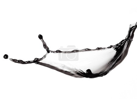 Photo for Flow of Crude Oil gasoline pour down over white background isolated. Black water liquid fall down line. Black Ink, Coffee drink pour splash drop as gold crude oil or sticky water - Royalty Free Image