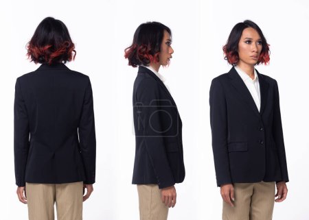Photo for Half body 20s Asian Woman wear formal Business dress blazer high heel shoes. Black short curl hair female feel happy smile , 360 front side rear back over white background isolated - Royalty Free Image