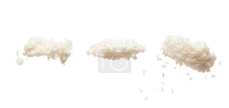Photo for Steam Rice fly up from plate, Jasmine rice float abstract and spin splash in air. Steam white Rice is healthy ready food. White background Isolated high speed shutter, freeze stop motion photo - Royalty Free Image