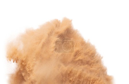 Foto de Blur Defocus image of Small Fine Sand flying explosion, Golden grain wave explode blow. Abstract sands cloud. Yellow colored sand splash up in Air. White background Isolated high speed shutter freeze - Imagen libre de derechos