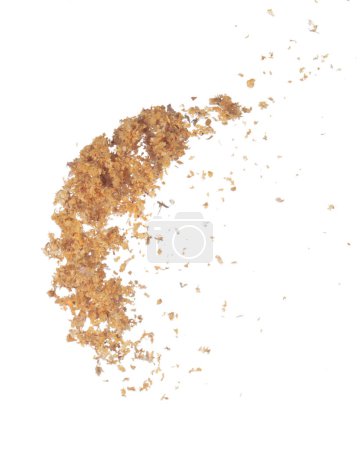 Foto de Fried Garlic pour fall down explosion, golden yellow fried garlic float abstract fly. Beautiful fried garlic splash stop in air, food object design. White background isolated high speed freeze - Imagen libre de derechos