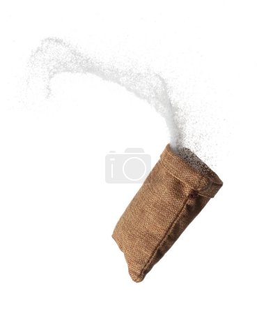 Téléchargez les photos : Pure refined Sugar in sack bag flying explosion, white crystal sugar fall abstract fly. Pure refined sugar bag splash in air, food object design. white background isolated high speed freeze motion - en image libre de droit